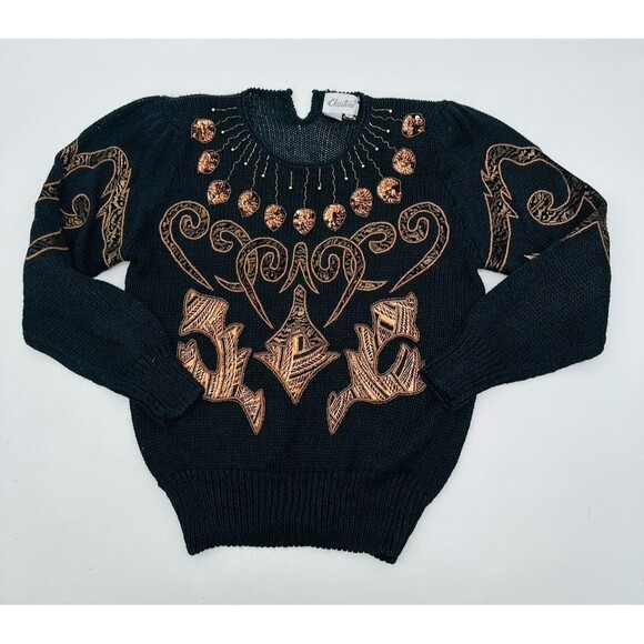 Vintage 80 s  Sweater  with brown and gold embroidery Beaded Regency Old Money S - Picture 1 of 13